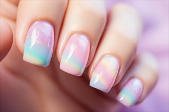 Woman's pastel rainbow colored fingernail nail art design. KI generiert, generiert AI generated