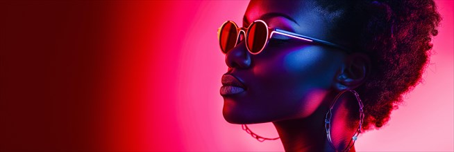 Profile of an elegant woman, illuminated with neon pink, creates strong shading, trendy glasses and