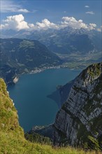 View from Niederbauen Kulm (1923m) to Flueelen and Altdorf, Lake Lucerne, Canton Uri, Switzerland,