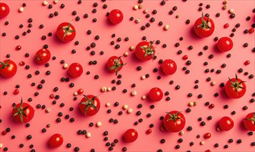 Red cherry tomatoes and black peppercorns pattern on a pink background AI generated