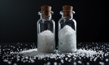 Salt in glass bottles on a black background. Salt in a glass jar AI generated