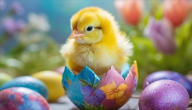 Cute little chick hatching from an Easter egg, Easter chick, baby animal, AI generated, AI