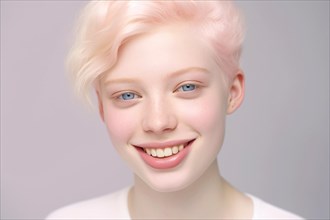 Portrait of woman with Albinism with light blue eyes, pale skin and white hair. KI generiert,