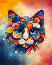 A vibrant abstract painting of a cat with a colorful watercolor background, AI generated