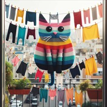 A colorful textile depiction of a cat sitting in a window framed by hanging urban laundry, AI
