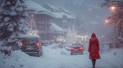 A person in a red coat walking down a snow-covered street with festive lights and chalets, AI