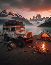 A vintage off-road jeep vehicle near a campfire by a lake with mountains, mist in the distance at