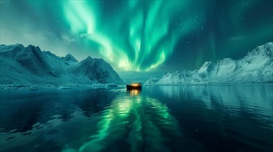 Small boat under a mesmerizing green aurora borealis with reflections in the calm water and starry