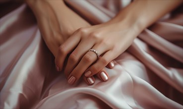 A gentle hand pose featuring a sparkling ring against a satin background AI generated