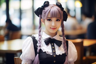Young Asian woman dressed up in costume and Japanese maid's cafe. KI generiert, generiert AI
