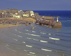 St Ives harbor as the tide comes in. Cornwall, Great Britain, Europe. Scanned 6x6 slide