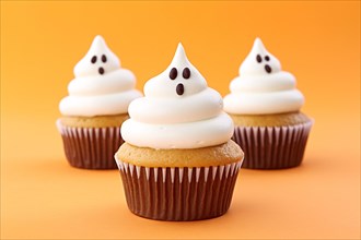 Funny Halloween cupcakes with ghost frosting. KI generiert, generiert AI generated