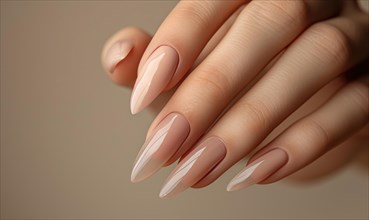 Female hand with beige nail design. Nail polish manicure AI generated