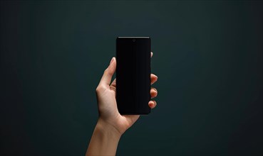 Female hand holding a smartphone with black screen on dark background. Mockup AI generated
