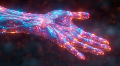 A luminescent digital hand with holographic fibers depicting futuristic technology and