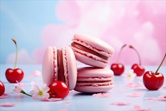 Pink French Macaron sweets with cherry fruits. KI generiert, generiert AI generated
