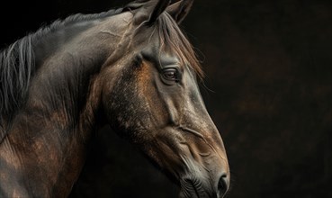 Close-up portrait of a horse against a black background with a focus on texture AI generated