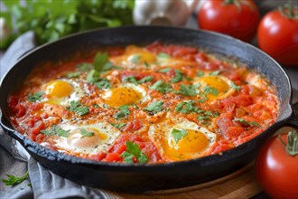 Freshly prepared shakshuka with eggs in a cast-iron pan on a wooden board, AI generated, AI