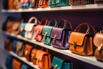 Rows of handbags in shelves in shop. KI generiert, generiert AI generated