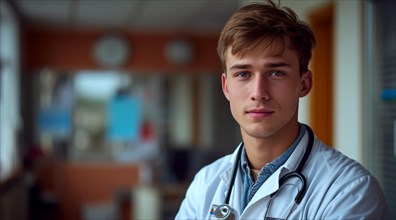 A young doctor with a stethoscope around his neck in a clinical setting, ai generated, AI generated