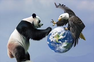A panda and a bald eagle fight against a clear sky around the globe, symbolising the cultural,