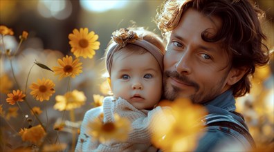 Serene father making eye contact with his baby girl among autumnal golden flowers, ai generated, AI