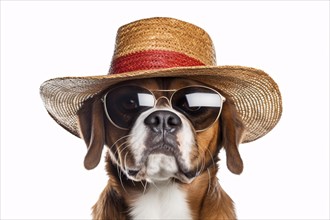 Funny dog with summer straw hat and sunglasses on white background, AI generated