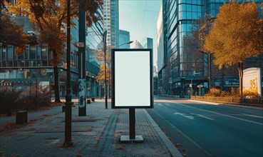 Blank street billboard on city street. Mock up of vertical advertising stand in the street AI