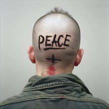 A young man has had the word Peace written on the back of his bare head, AI generated, AI