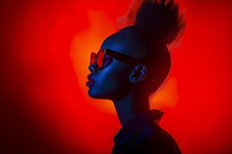 Intense neon light outlines the contours of a woman with trendy glasses, creating a dramatic