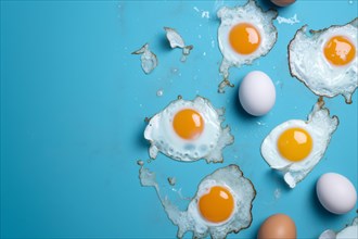 Whole and fried eggs on blue background. KI generiert, generiert AI generated