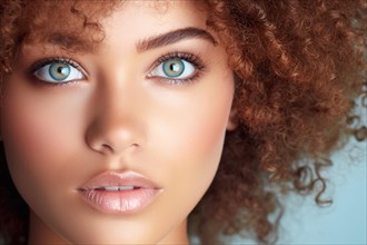 Close up of beautiful african american woman's face with light green eyes. KI generiert, generiert