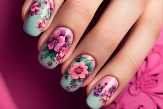 Close up fo woman's fingernail design with flowers. KI generiert, generiert AI generated