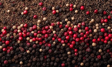 Red, black, white and pink peppercorns on black background AI generated