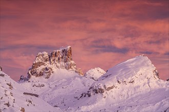 Dawn over snow-covered mountains, winter, view from the Falzarego Pass to Averau, Dolomites, South