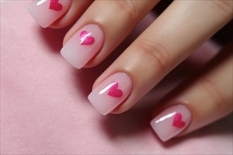 Fingernail nail art deisgn with pink hearts. KI generiert, generiert AI generated