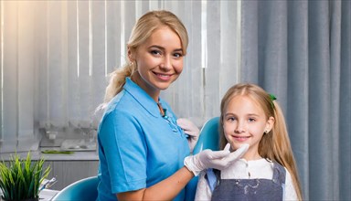 AI generated, dentist treats a little girl, dentist, blonde, 30, 35, years, dental treatment,