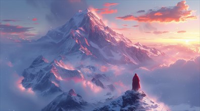 Solitary figure facing a majestic snow-covered mountain at sunrise with pink hues, ai generated, AI