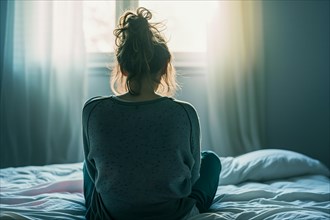 A girl sits on a bed, looking at a window with translucent morning light, symbolising depression