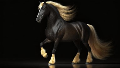 Proud brown horse with golden mane, tail and ears, black background, AI generated, AI generated
