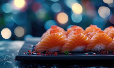 Salmon sushi on a blue plate with bokeh background AI generated
