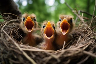 Young hungry birds with open mouths in nests waiting to be fed. KI generiert, generiert AI