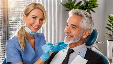 AI generated, dentist treats an attractive older man, senior, seniors, 65, dentist, blonde, 30, 35,