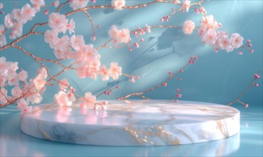 White marble podium with cherry blossom branch on blue background AI generated