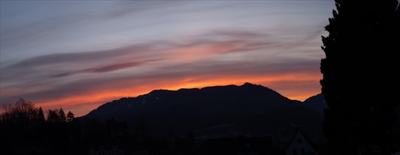 Dawn over the Mugel, panoramic view, Leoben, Styria, Austria, Europe