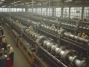 Factory work of the last century (around 1960) Workers work diligently in a machine factory, AI