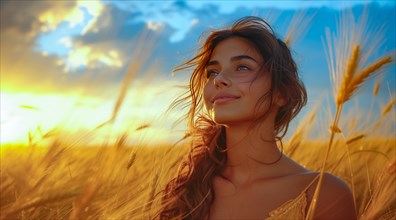 A serene woman in a wheat field during a warm glowing sunset, AI generated