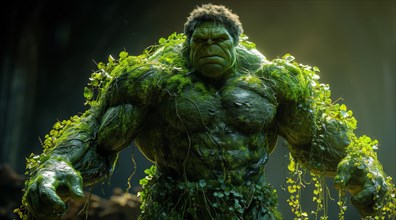 Hulk looking powerful covered in moss and vines, blending with nature, AI generated