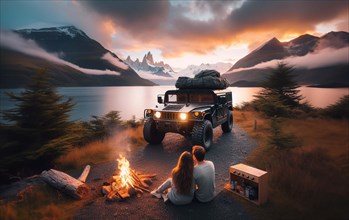 A couple enjoys a campfire beside an off-road vehicle with a scenic lake and mountains, ai