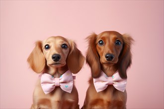Pair of cute Dachshund dogs with bowties on pink background. KI generiert, generiert AI generated